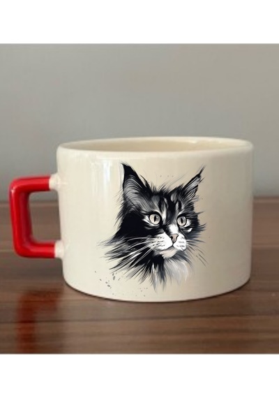 Siyah Kedi Görselli Fincan Seramik Kupa - Seramik Çay, Kahve Hediyelik Bardağı Beyaz