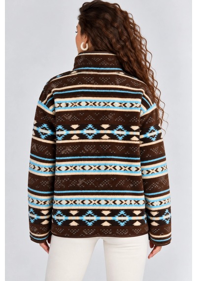 Mevese Desenli Dik Yaka Cepli Biyeli Kadın Polar Sweatshirt - Kahverengi-mavi