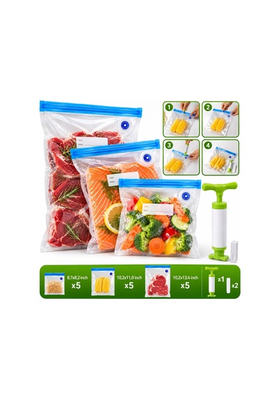 15 Adet Pompalı Vakumlu Gıda Saklama Poşeti 3 Boy Bpa Free Erzak Ve Kilitli Buzluk Seti Şeffaf