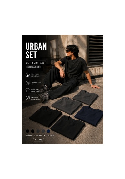 Masion Rae Erkek 5'li Basic Tişört Seti Regular Fit Bisiklet Yaka %100 Pamuk 30/1 Süprem Siyah-siyah-antrasit-antrasit-lacivert