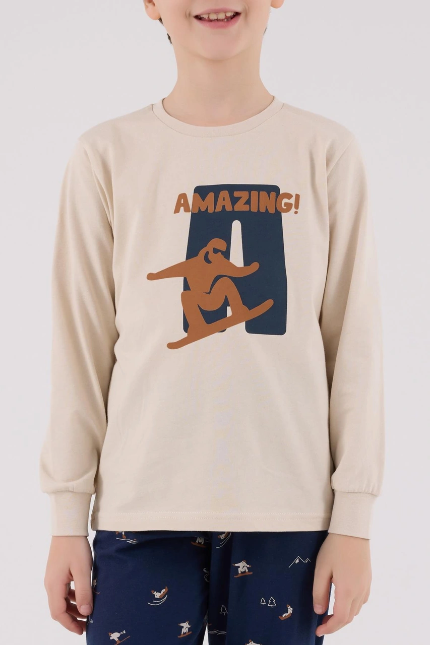 Arnetta Garson Erkek Çocuk Amazing %100 Pamuk 4 Mevsim Baba-oğul Uzun Kollu Pijama Takım Bej
