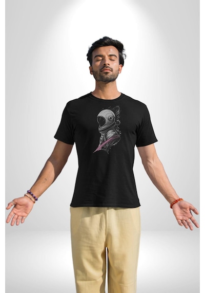 Astronot Kafası Unisex Unisex Siyah Organik Baskılı T-shirt Penye Yüksek Kalite Siyah