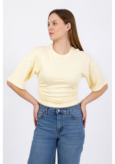 Hdm Kadın Sarı Yanları Büzgülü Kısa Kol T-shirt - H6085