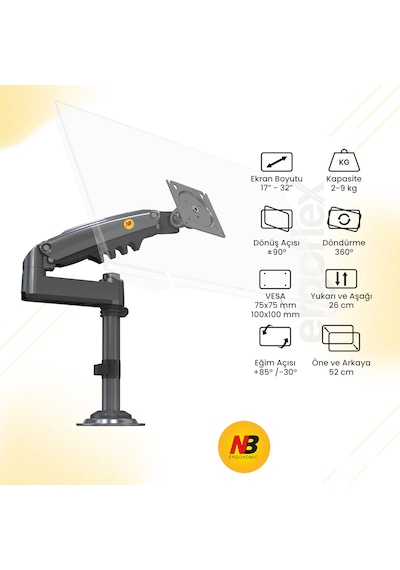 Monitör Standı North Bayou H100 2026 Yeni Model Amortisörlü Tekli Monitör Standı Gri 17-32 Inç - 2-9 Kg