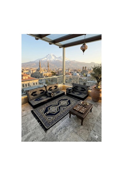 20 Cm Kalınlıklı Şark Köşesi Takımı - 70x190 + 70x95 Lacivert Yahyalı Desenli Minder Seti