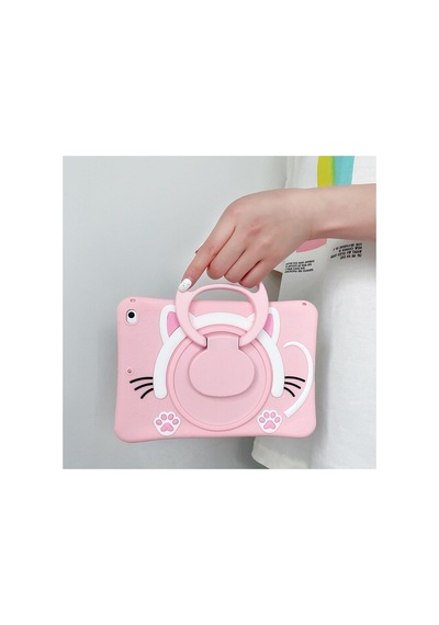 Covpor Standlı Askılı Karakterli Kedi Çocuk Kılıfı - Pembe Pembe Samsung Galaxy Tab S6 Lite P610 P620 İle Uyumlu