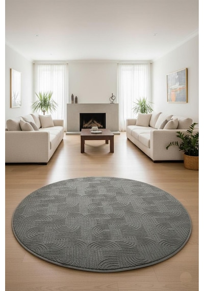 Raschel Carpet Premium Yuvarlak Yıkanabilir Leke Tutmaz Emboss Bohem Halı Özel Seri Kaymaz Taban Halı Gri