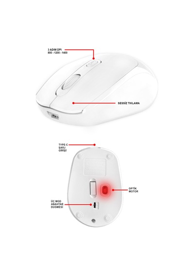 Bluetooth Şarj Edilebilir Kablosuz Ve Çift Mod Sessiz Mouse 800 - 1200 - 1400 Dpı Mt8122 Diğer