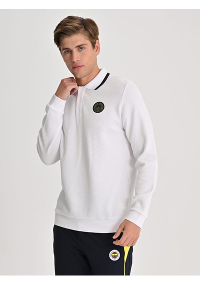 Fenerbahçe Beyaz Tribün Tek Renk Logolu Uzun Kollu Erkek Polo Tshirt