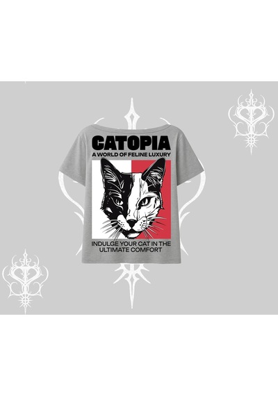 Tarzsokak Modern Kedi Temalı Arka Baskılı Kayık Yaka Tshirt Gri
