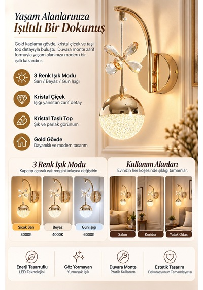 Ey-El Tasarım Şık Mordern Led Aplik A+++ Gold
