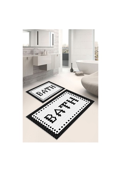 Bath Yazılı Dijital Baskılı Kaymaz Yıkanabilir 2li Banyo Paspası Siyah