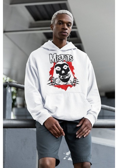 Sevbano Misfits Baskılı Unisex Oversize Rock Metal Hoodie Beyaz