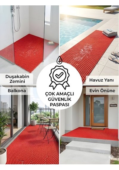 Beylini Petek Pvc Paspas Islak Zeminde Kaydırmaz İç Dış Mekan Banyo Duş Lavabo Havuz Kenar Halısı Bal Desen Kırmızı 90x400