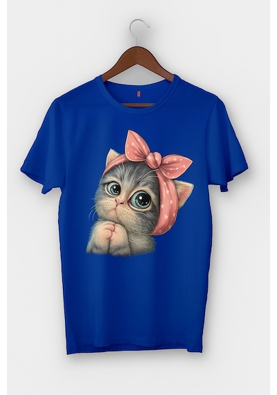 Sevimli Kedi Baskılı Oversize T-shirt Saks Mavisi