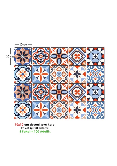 Kendinden Yapışkanlı Karma Meksika Desenli Pvc Karo 10x10 Cm 5 Li Paket