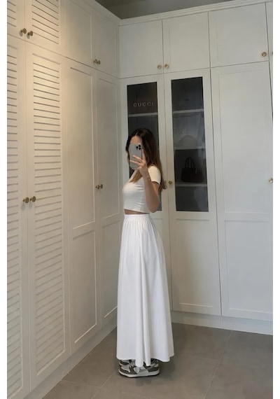 Kadın Beyaz Poplin Kumaş Uzun Etek Beli Lastikli Günlük Maxi Etek 90 Cm