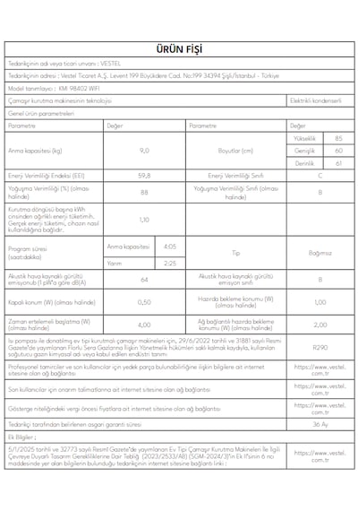 Vestel KMI 98402 WIFI 9 KG Kurutma Makinesi