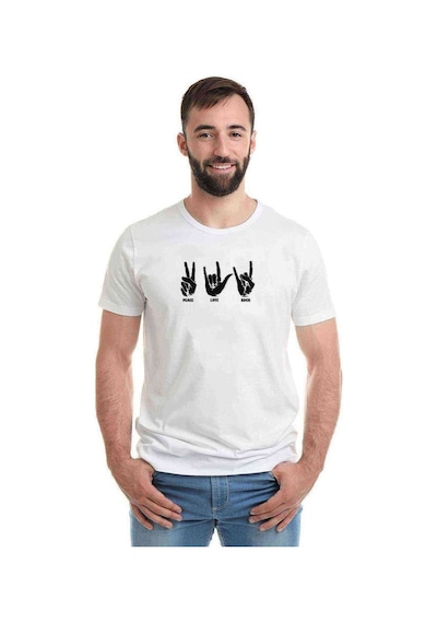 Peace Love Rock Baskılı Beyaz Erkek Tshirt