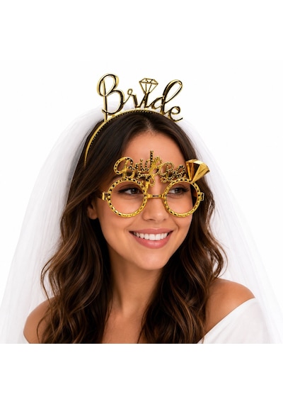 Bride Yazılı Gold Taç Ve Parti Gözlüğü Seti Çok Renkli