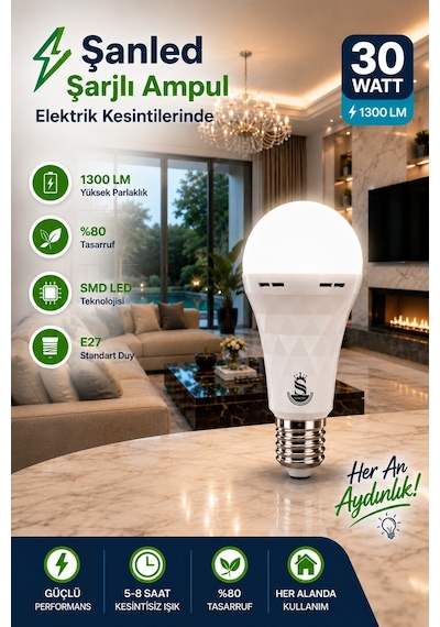 Şarjlı Akülü 30w Beyaz Işık Led Ampul 1 Adet 1 Adet