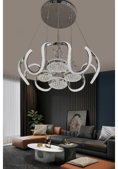 Eliza 4 Toplu Simli Slikonlu Modern Yüksek Işık Salon Led Avizesi - Kumandalı / Krom Krom