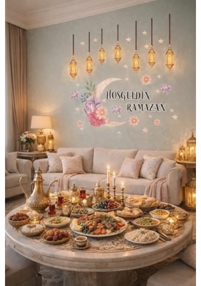 Sticker Hoş Geldin Ramazan Dekorlu Ahşap Kapı Süsü, Ramazan Süsleri, Ramazan Tavan Süsü, Dekor İftar, Sahur