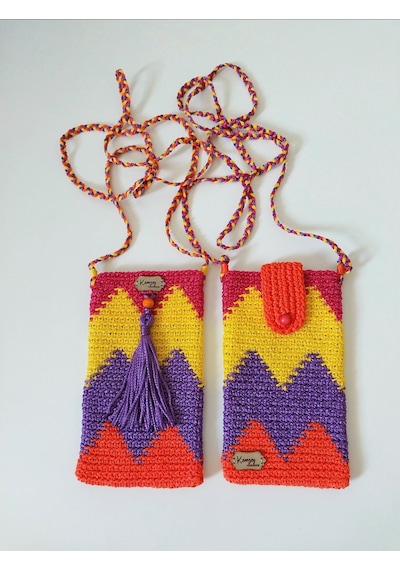 Kemzey Handmade Wayuu Telefon Çantası, El Yapımı Örgü Telefon Çantası Mor - Turuncu