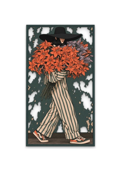 Çiçek Kucaklayan Şapkalı Kadın - Metal Tablo - Dec0388 71 X 125 Cm Çok Renkli
