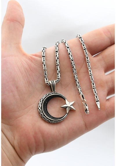 Ay Yıldızlı - Ay Yıldız Kral Zincir Desenli 925 Ayar Gümüş Kolye Kral Zincir 3 Mm 902191 Gümüş