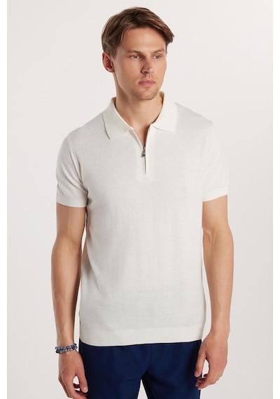 Tudors Erkek Slim Fit Dar Kesim Pamuklu Örme Triko Fermuarlı Beyaz Polo Yaka Tişört-33177 Beyaz