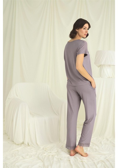 Monamise Kadın Kısa Kollu V Yakalı Dantelli Pijama Takımı 18638 Gri