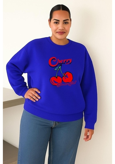 Benroma 3 İplik Penye Cherry Kiraz Baskılı Büyük Beden Unisex Sweatshırt Saks Mavisi