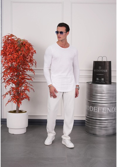Modefendi Slim Fit Oval Kesim Uzun Kollu Pamuk Basic Tshırt Beyaz