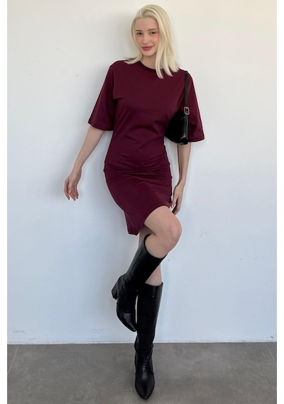 Madmext Bordo Bisiklet Yaka Yarım Kollu Kadın Tişört Elbise Mg2656 Bordo