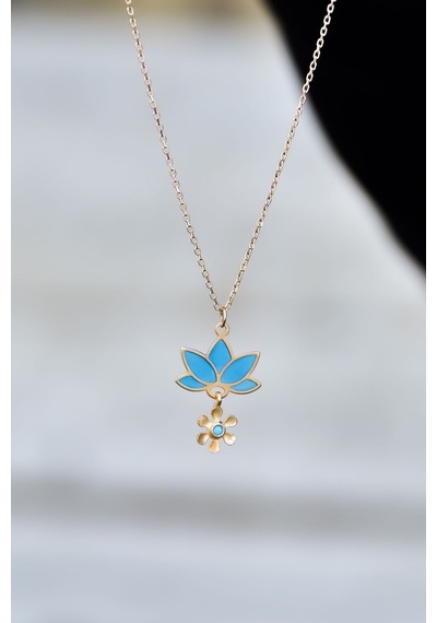 925 Ayar Gümüş Gold Kaplama Parlayan Rüya Serisi Tasarım Ebruli Cam Boyalı Lotus Kolye