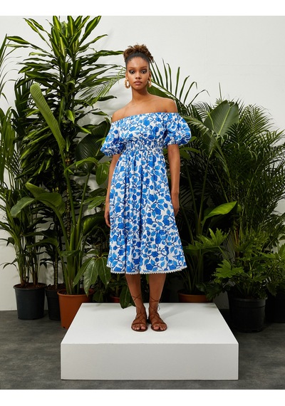 Koton Çiçekli Midi Boy Elbise Omzu Açık Viskon Mavi Desenli 3sak80069ew Mavi