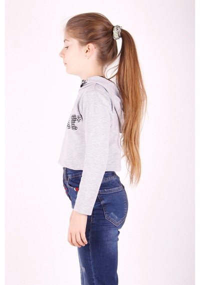 Toontoy Kız Çocuk Taş İşlemeli Kapşonlu Sweatshirt Gri Melanj