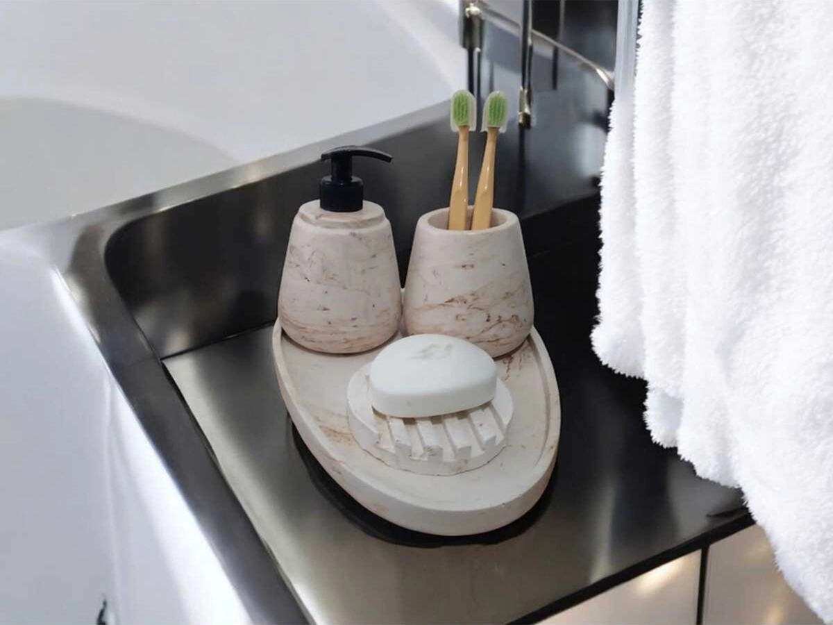4'lü Mermer Desenli Beton Banyo Seti , Sıvı Sabunluk Diş Fırçalığı Aksesuar Gri