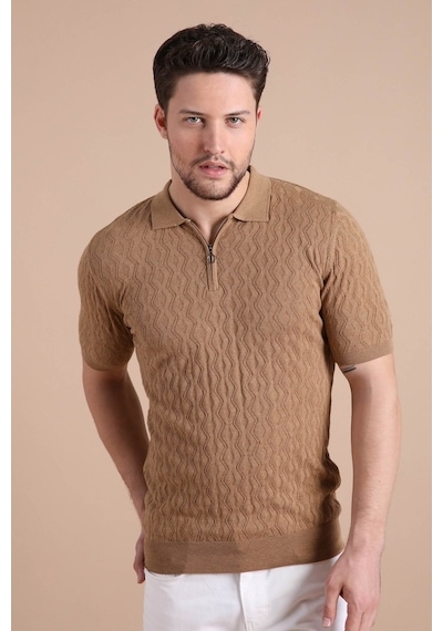 Ferraro Camel Polo Yaka Fermuarlı Erkek Pamuk Triko T-Shirt-Kahverengi (417942562) Kahverengi