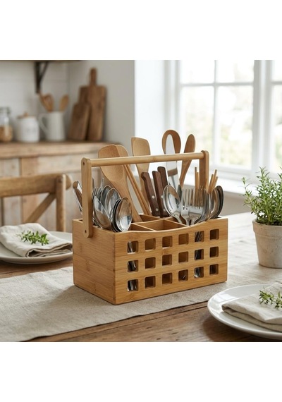 4 Bölmeli Saplı Doğal Bambu Çatal Bıçak Sepeti - Çok Amaçlı Masaüstü Organizer Mutfak Düzenleyici Ve Kalemlik Standı 23x15 Cm Çok Renkli