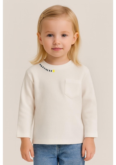 Luess Unisex Çocuk Happiness Nakışlı Cepli Fitilli Kaşkorse Tişört Beyaz
