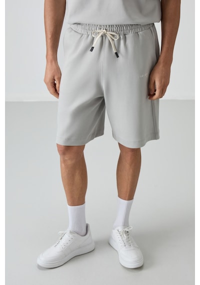 Taş Pamuklu Kalın Yumuşak Dokulu Oversize Fit Nakışlı Erkek Şort Takım - 85250