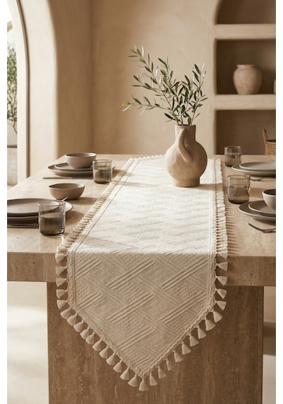 Anadolu Mozaiği Desenli Püsküllü Buldan İşi Pamuk Runner Masa Örtüsü 50x140 Cm Bej