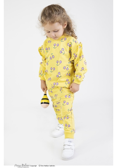 Harika Kids Kız Bebek&çocuk İki İplik Kumaş Kiraz Desenli Orta Kalınlıkta Örme Basic Oversize Alt Üst Eşofman Takımı 001