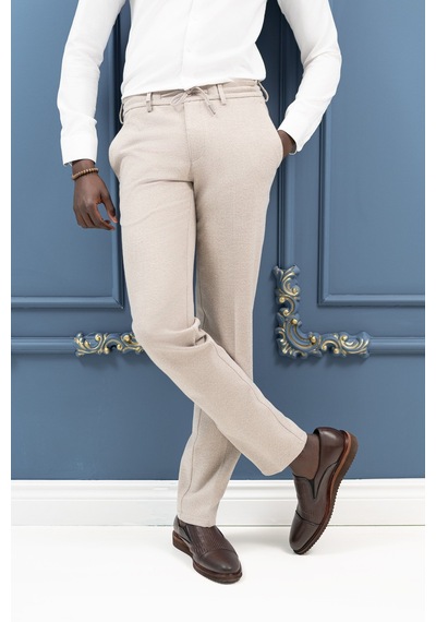 Ecer Regular Fit Beli İplikli Yan Cepli Astarsız Kışlık Kumaş Pantolon Krem