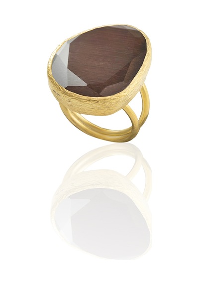 Kadir Jewellery 22 Ayar Altın Kaplama Kadın Fosil Taşlı Yüzük Kahverengi
