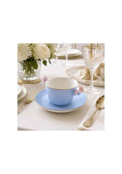 Villari Baby Blue-pink Çay Fincanı & Tabağı İtalyan El Yapımı Porselen, Lüks Koleksiyon Mavi
