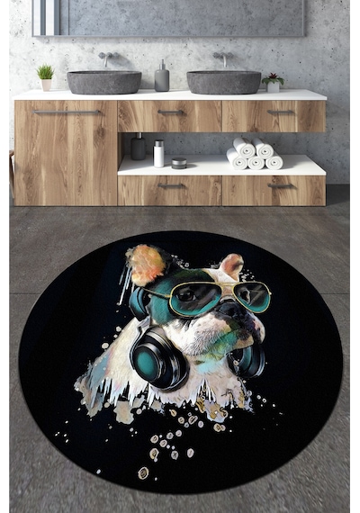 Glasses Dog Çap Banyo Halısı Djt 140x140 cm, Banyo Halısı , Banyo paspası yıkanabilir Siyah