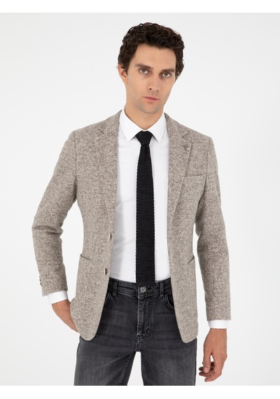 Cacharel Bej Slim Fit Yün İpek Karışımlı Flanel Ceket